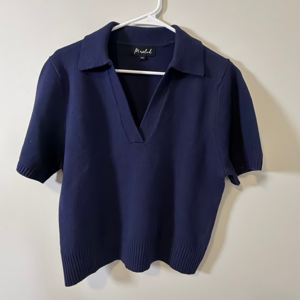 Marled Navy Blue Short Sleeve Knit Polo Sweater V-Neck Top Size M Preppy Classic